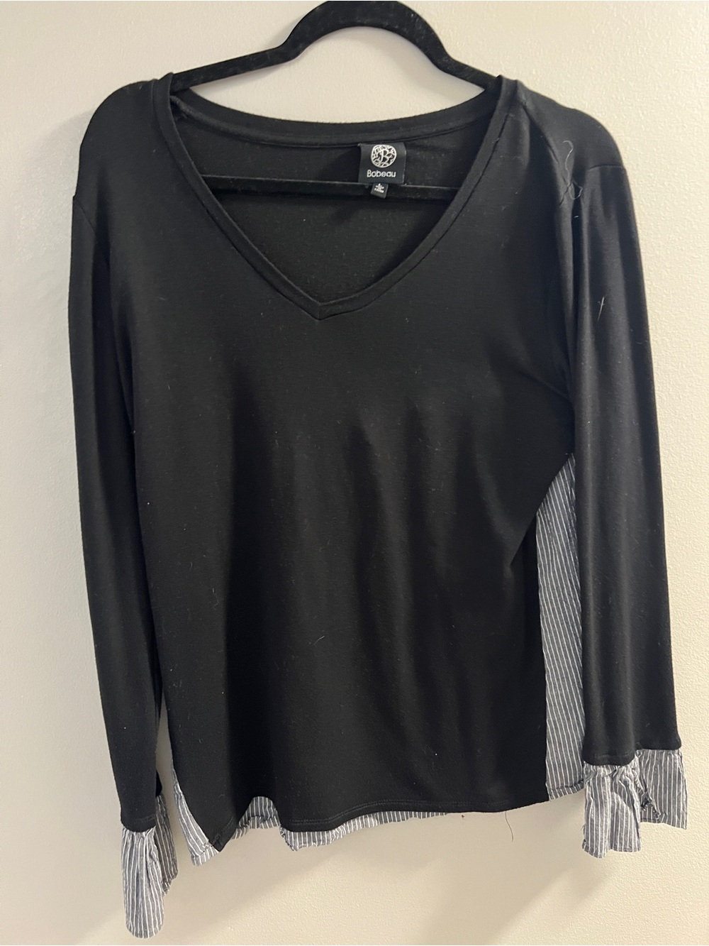 Bobeau Black V-Neck Long-Sleeve Top with Stripe Trim
